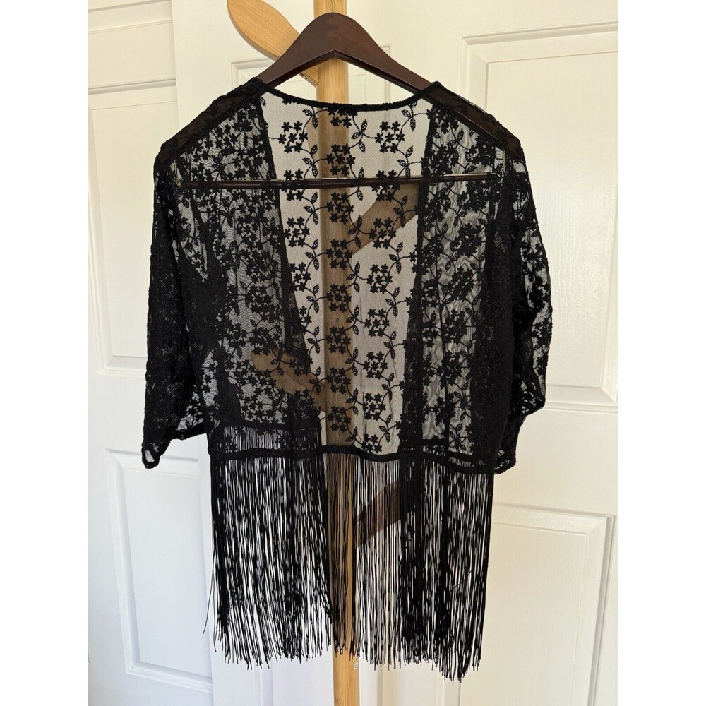H&M Floral Embroidered Black Mesh Sheer Fringe Boho Kimono Poncho Whimsigoth - Picture 2 of 7